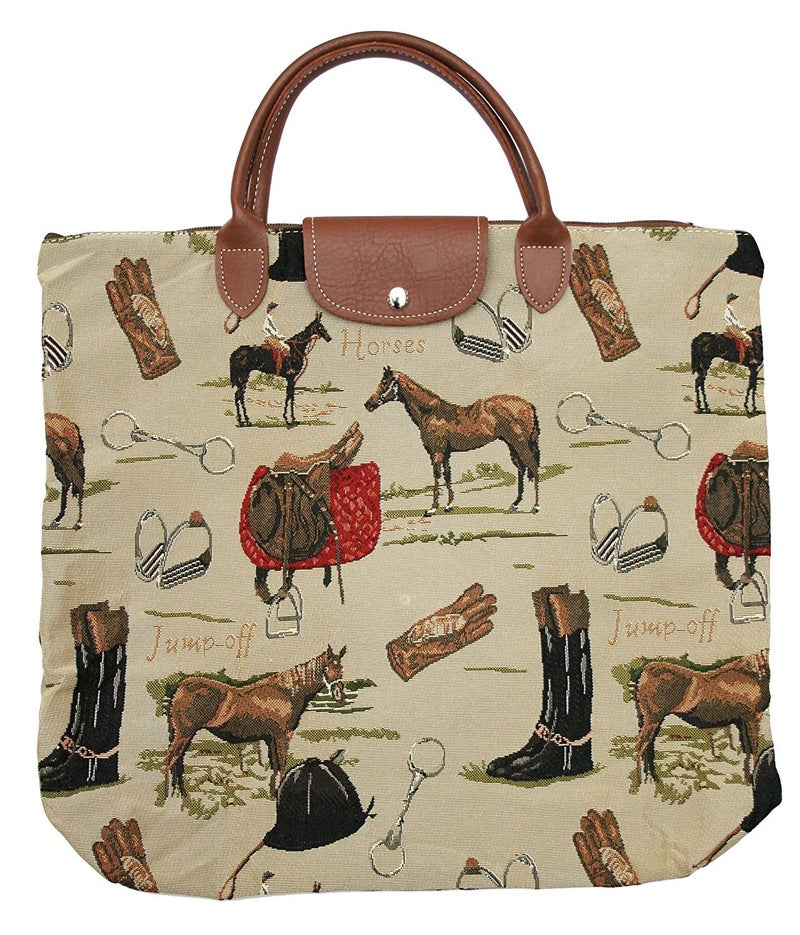 Signare Tapestry Foldable Tote Bag Reusable Shopping Bag Grocery Bag With Horse Design (FDAW-HOR) - Image 1